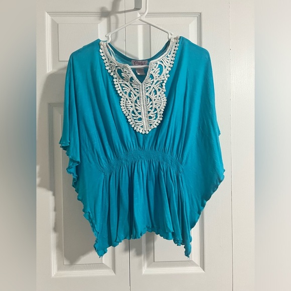 Girls Candies Size XL Peacock Blue Knit Top White Lace Appliqué Elastic Waist - Picture 4 of 4